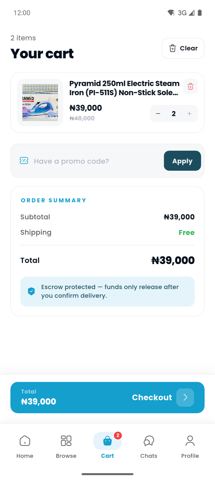 The Jummall cart with order summary and escrow protection note