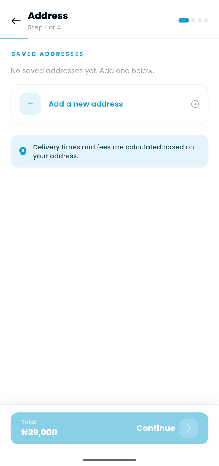 The checkout flow showing the delivery address step