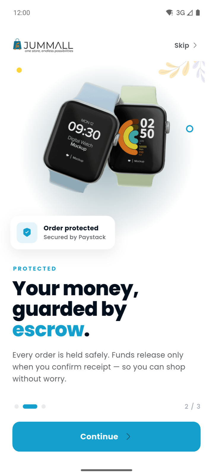 Jummall's onboarding explaining that your money is guarded by escrow