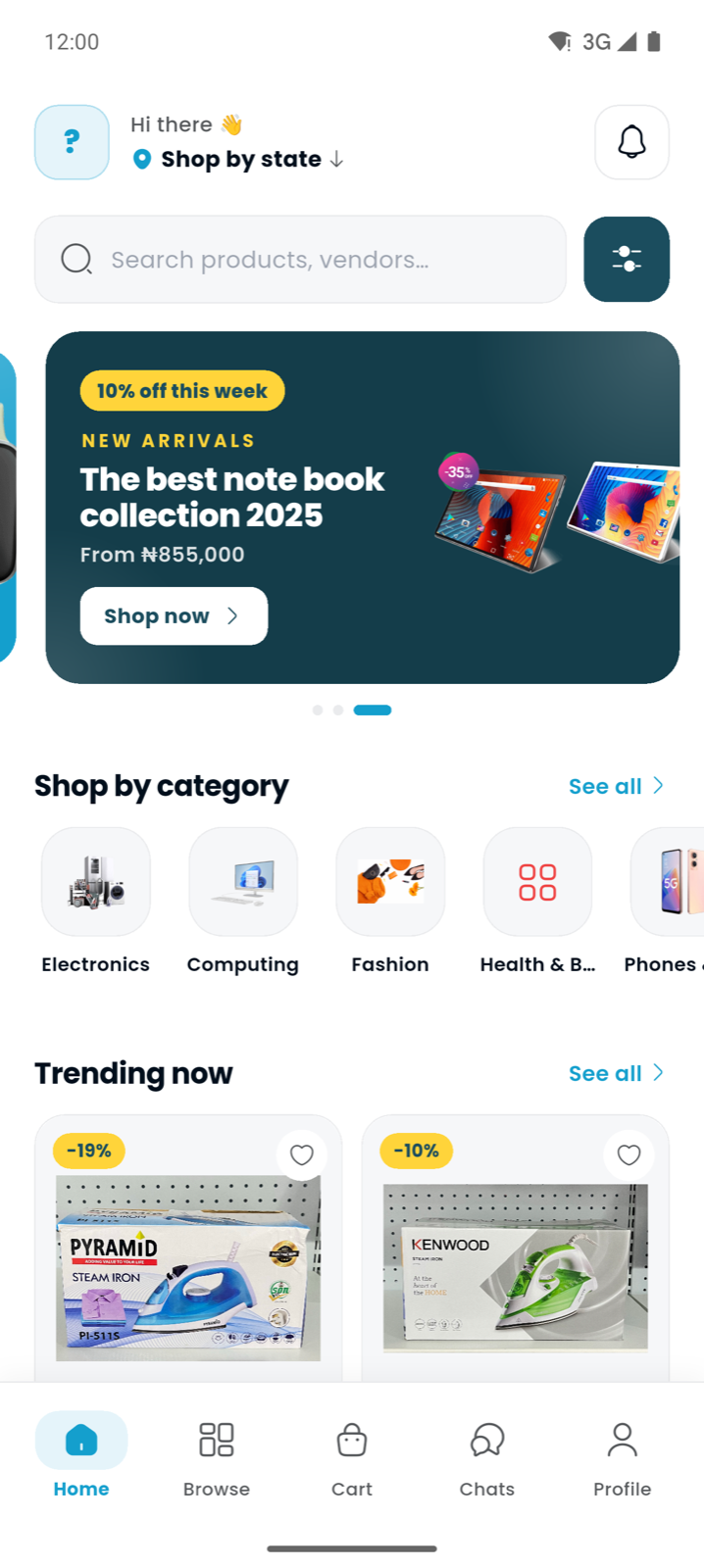 The Jummall home screen with categories and trending products