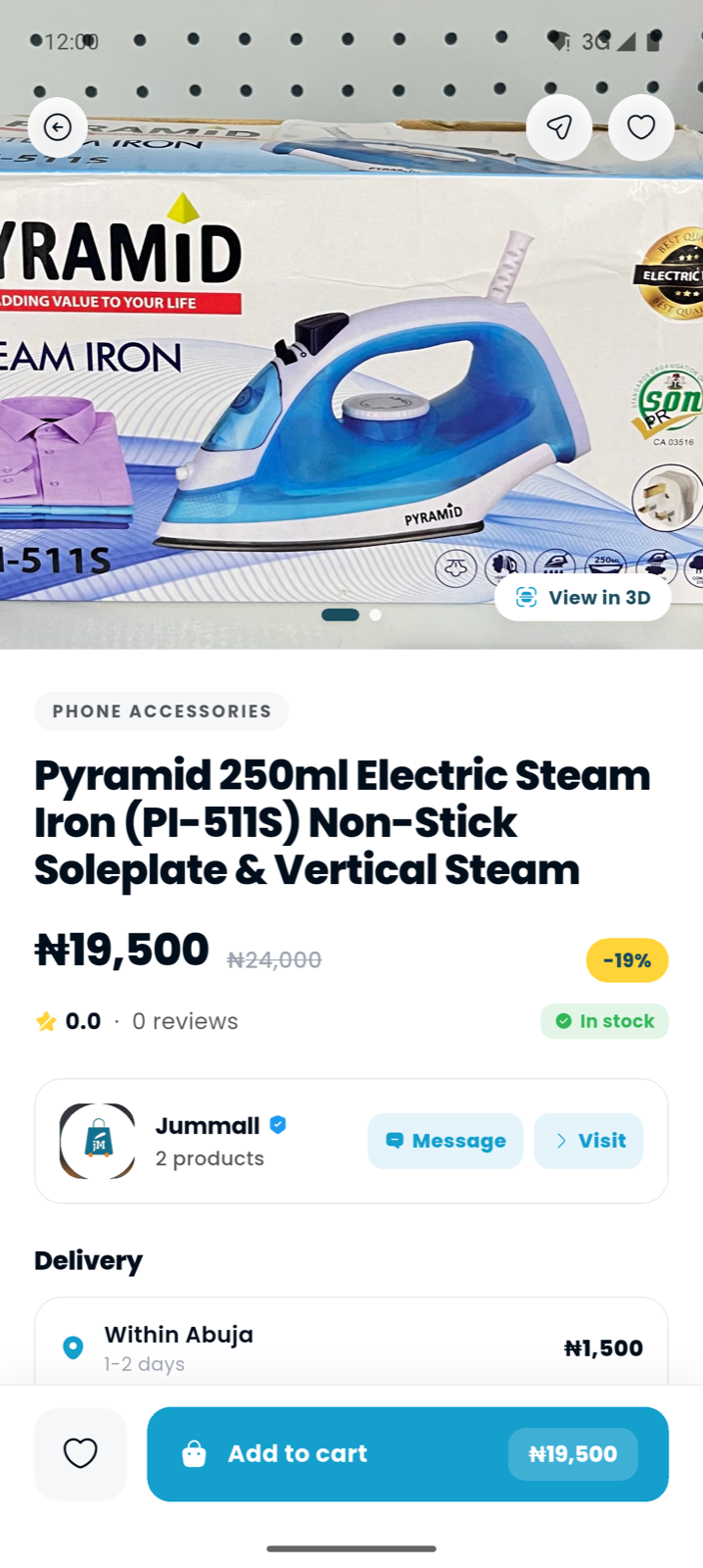 A product detail page showing price, vendor and delivery info