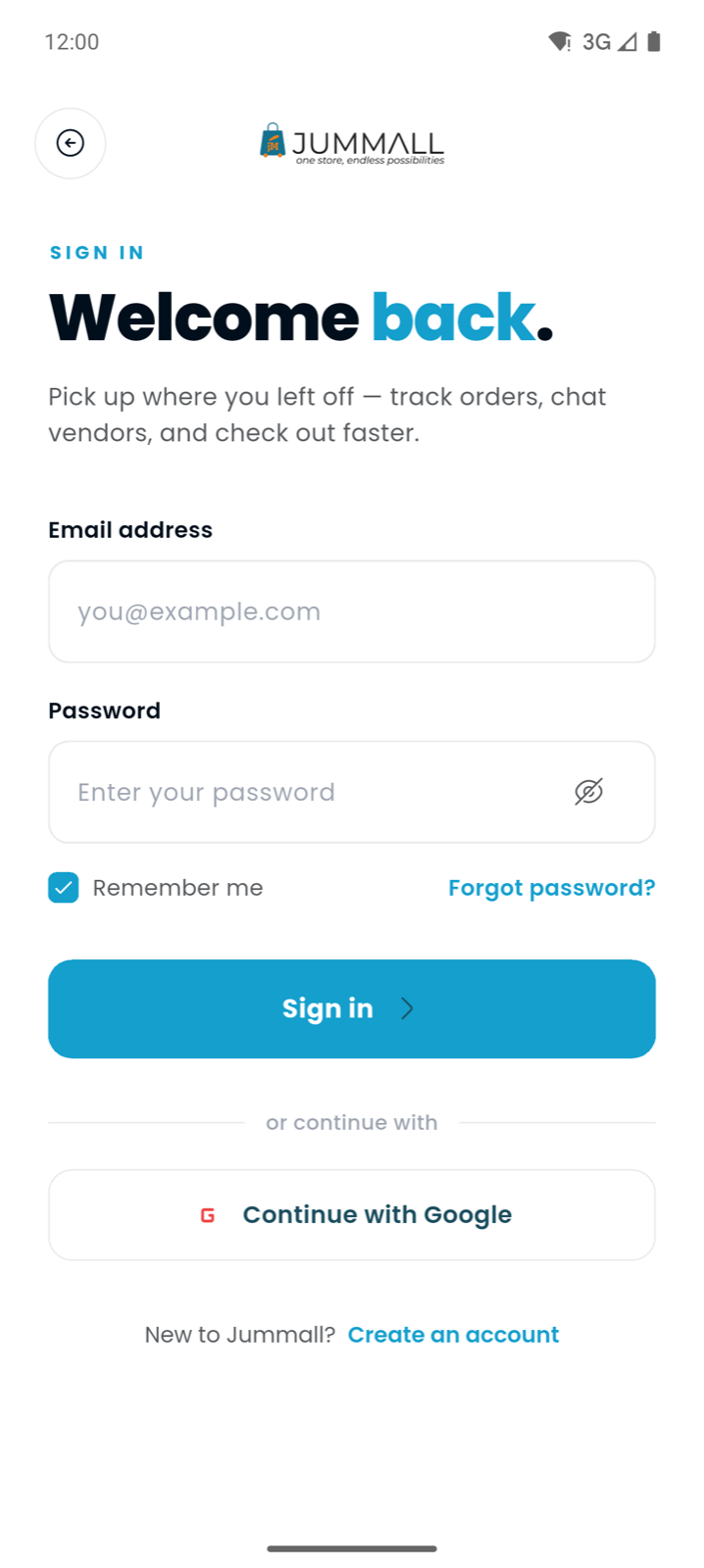 The Jummall sign-in screen